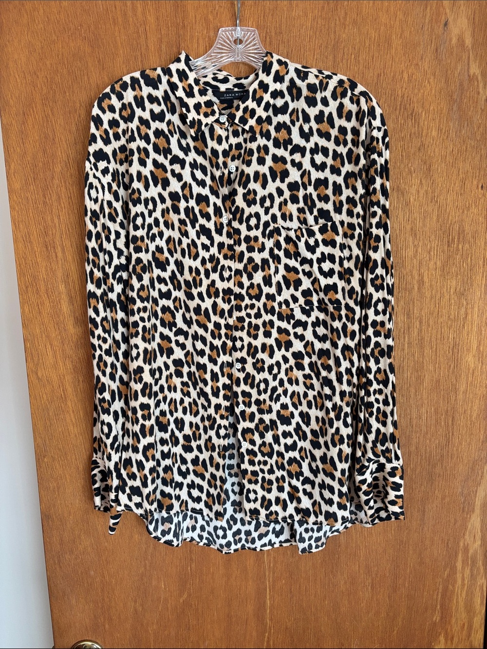 Zara Leopard Print Button-Up Blouse in Black and Tan